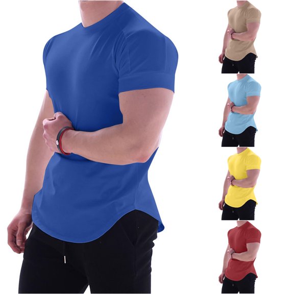 VNKIDY Mens Solid Color Crew Neck Slim Fit Athletic T-Shirt Gym Workout Regular Fit Short Sleeve Curved Hem Stretchy Breathable Fitted Casual Tees Classic Tees M