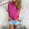 thumbnail image 4 of Clearance! Hassda Women's Spring/Summer Solid Color Button Down Five Quarter Sleeve Lapel Shirt Linen Shirts for Women Plain Shirts for Women Tops for Women Trendy Hot Pink L, 4 of 6