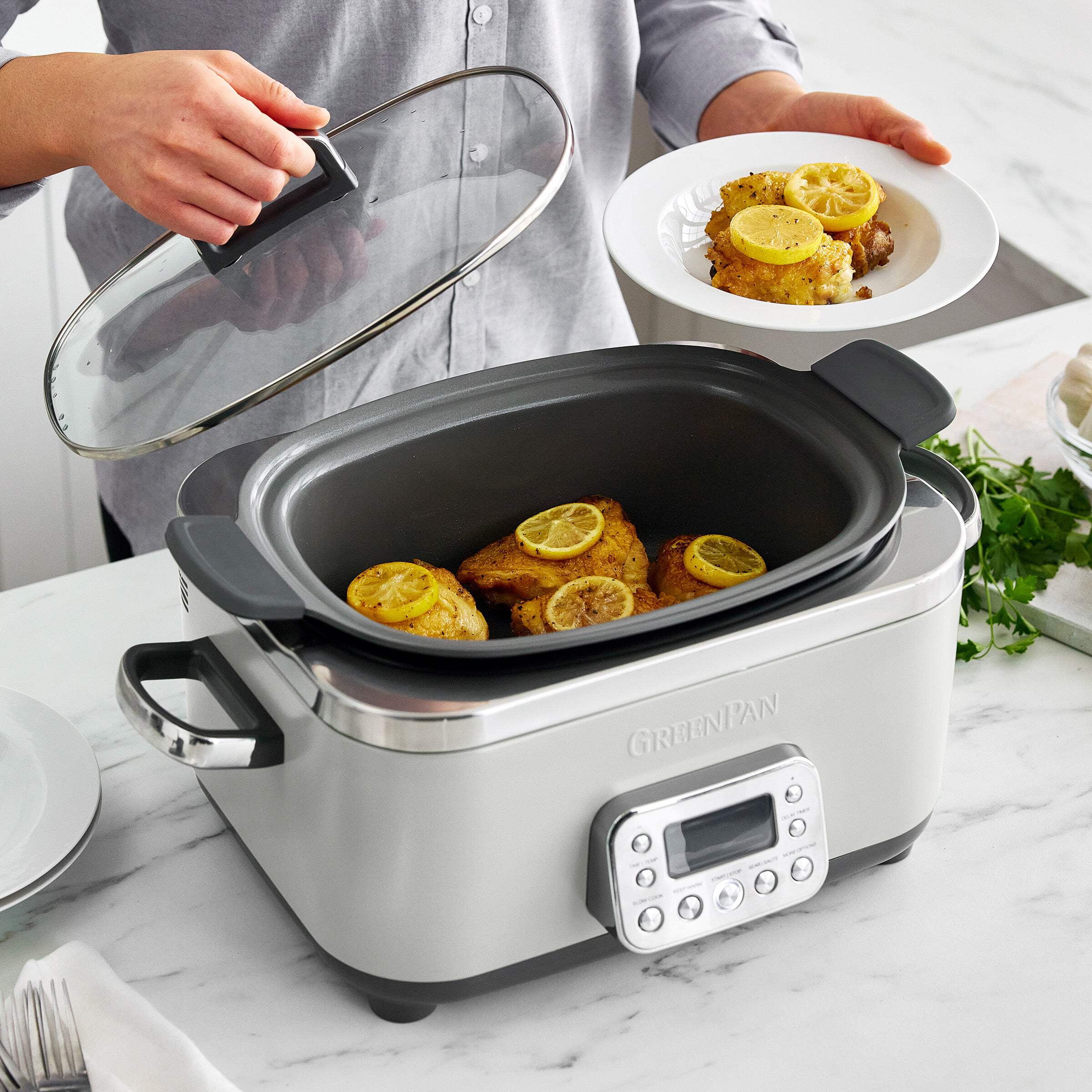 GreenPan 6-Quart, 14-in-1 Slow Cooker, Family Size, Ceramic Nonstick, Dishwasher Safe Parts, Cream