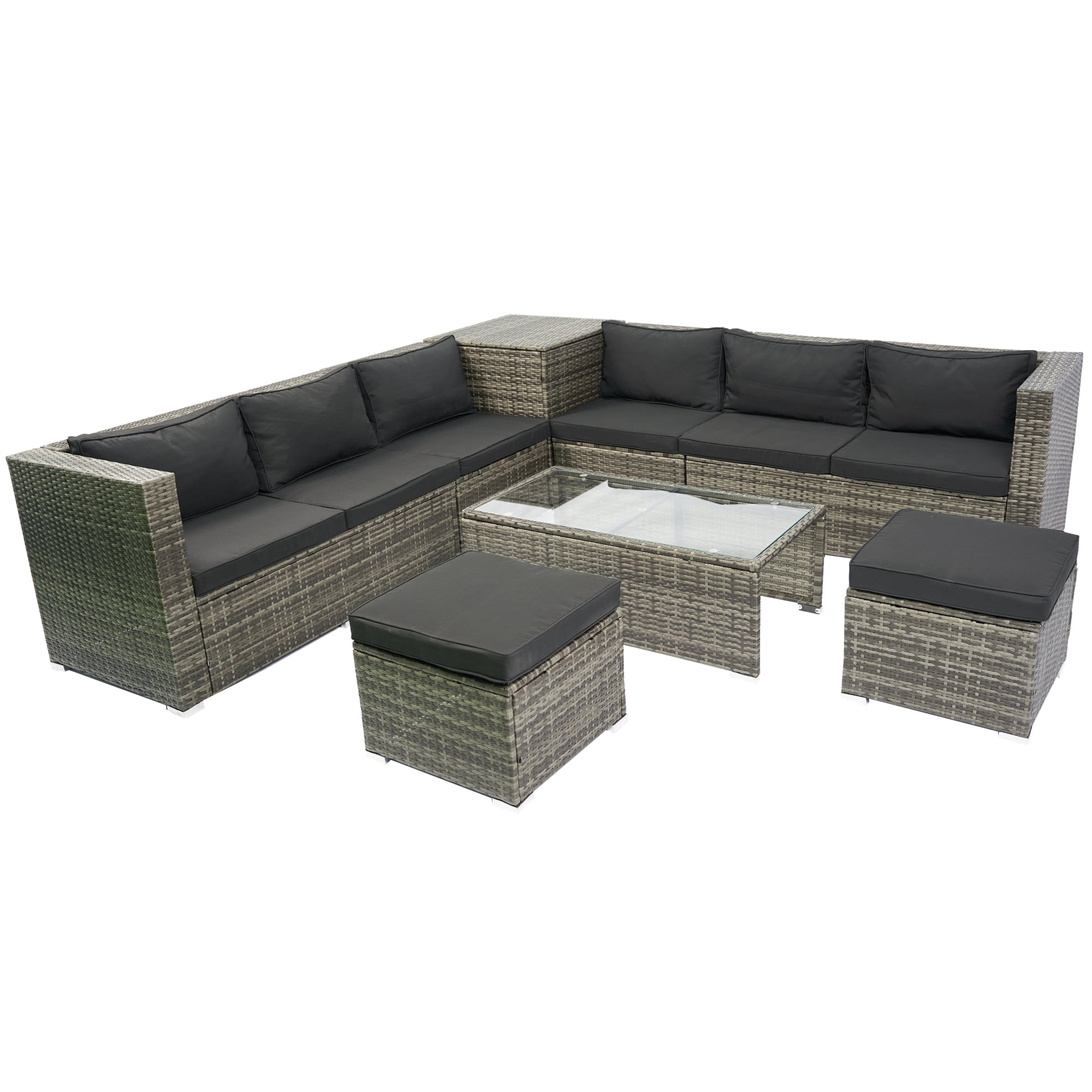 8-Piece Patio Furniture Set, All-Weather Rattan Patio Sectional Sofa Set with Storage Box & Glass Table, Configurable Outdoor Furniture for Deck, Pool, Garden, Grey & Black