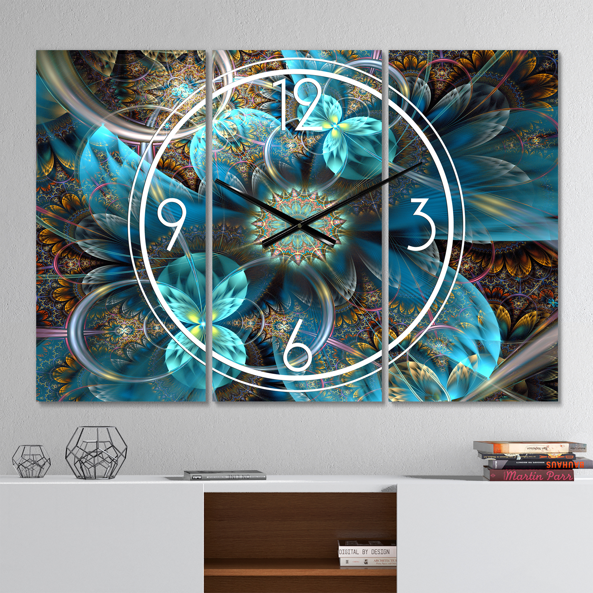 Designart 'Fractal Blue Flowers' Modern wall clock