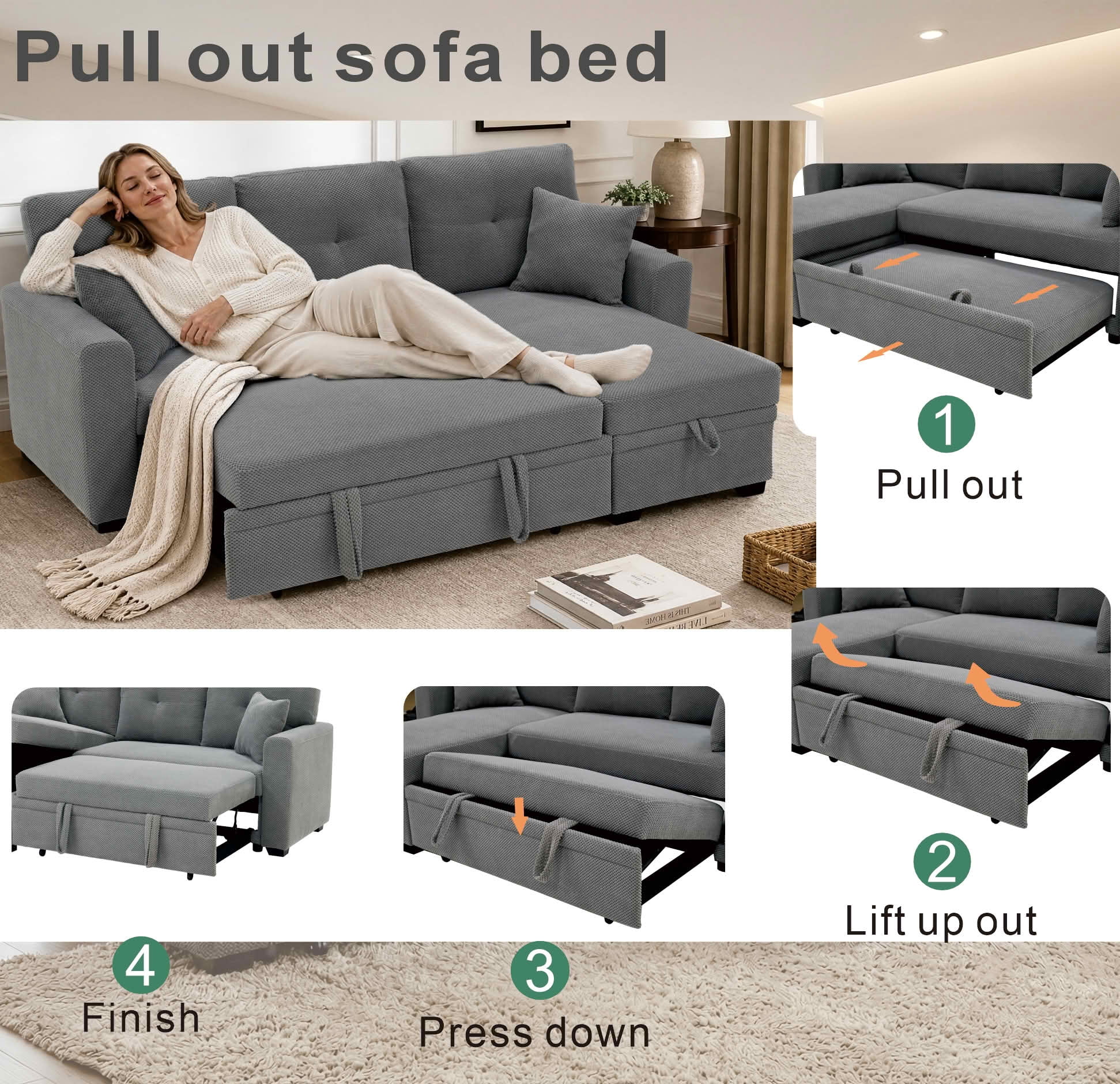 MAYEERTY L‑Shaped Sleeper Sectional Sofa, Convertible Pull‑Out Bed with Reversible Storage Chaise, Dark Gray Breathable Polyester Fabric for Small Living Spaces