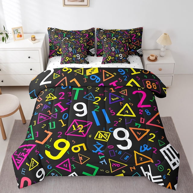Ensemble de Literie Math 7 Pcs, Ensembles de Literie Formule Mathématique Science Éducative Fournitures Scolaires Ensemble de Draps Format Double avec Couette, 1 Drap Plat, 1 Drap-Housse, 2 Taies d'Oreiller, 2 Housses de Coussin Décoratif