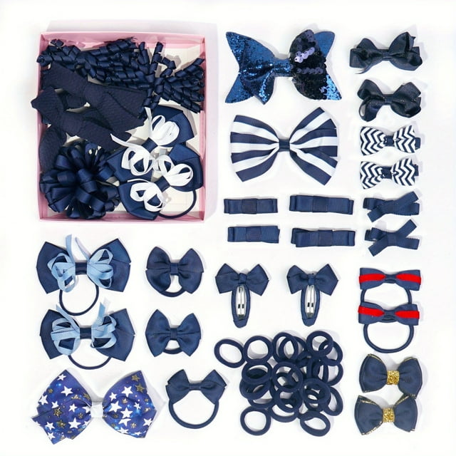 CHUANK 50pcs Sparkling Hair Accessory Set - Cute Bow Clips Fabric Hair Ties & Elastic Bands for Girls - Perfect Holiday Gift Box