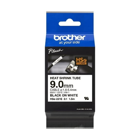 Brother HSe221E 9.0mm (0.35in) Black on White 3:1 Heat Shrink Tube