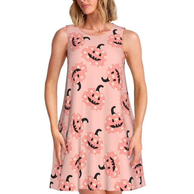 Fotbe Smiling Pink Pumpkins Vestido de Verano sin Mangas para Mujer – Vestido Midi Línea A, Estilo Camiseta Floral, Vestido Playero Casual y Fluido
