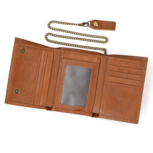 Cartera GEEK de piel de vaca para hombre, de alta calidad, vintage, de cuero genuino, antirrobo, con cadena, triple pliegue, tarjetero, 6006