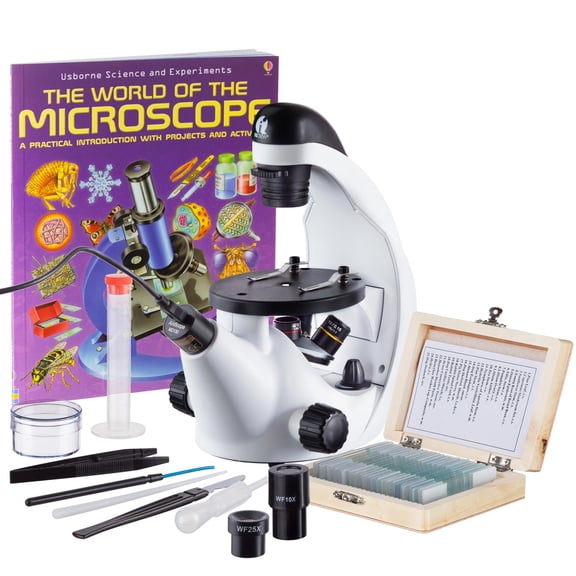 IQCrew IN50C-PS25-WM-E5 40X-500X Science Discovery Series Inverted Microscope with 5MP Digital Eyepiece, 25pc Slides and Book New