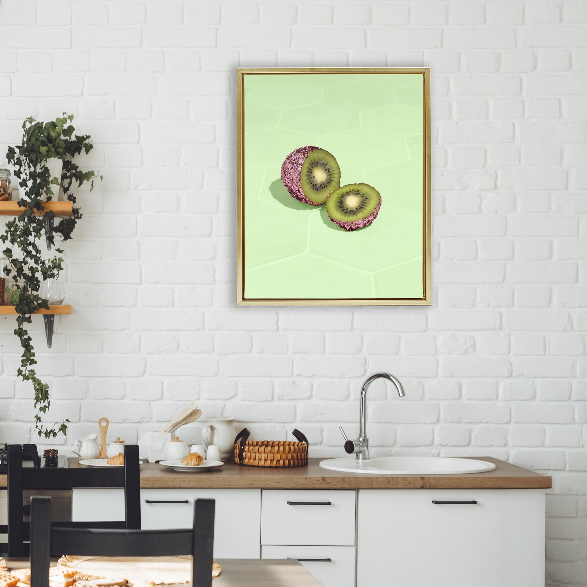 Stupell Industries Green Glimmer Kiwi Gold Framed Floater Canvas Wall Art, design by LISH Creative