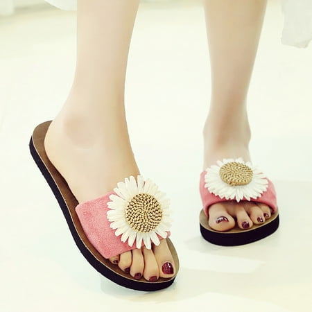 

MRULIC slippers for women Women Flock Beach Breathable Flowers Sandals Home Slipper Flip-Flops Flat Shoes house slippers for women Pink + US:6