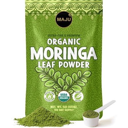 MAJU's Organic Moringa Powder, 1lb, Non-GMO and Raw, Shade Dried for Highest Nutrients, Add to Mixed Beverages, Superfood