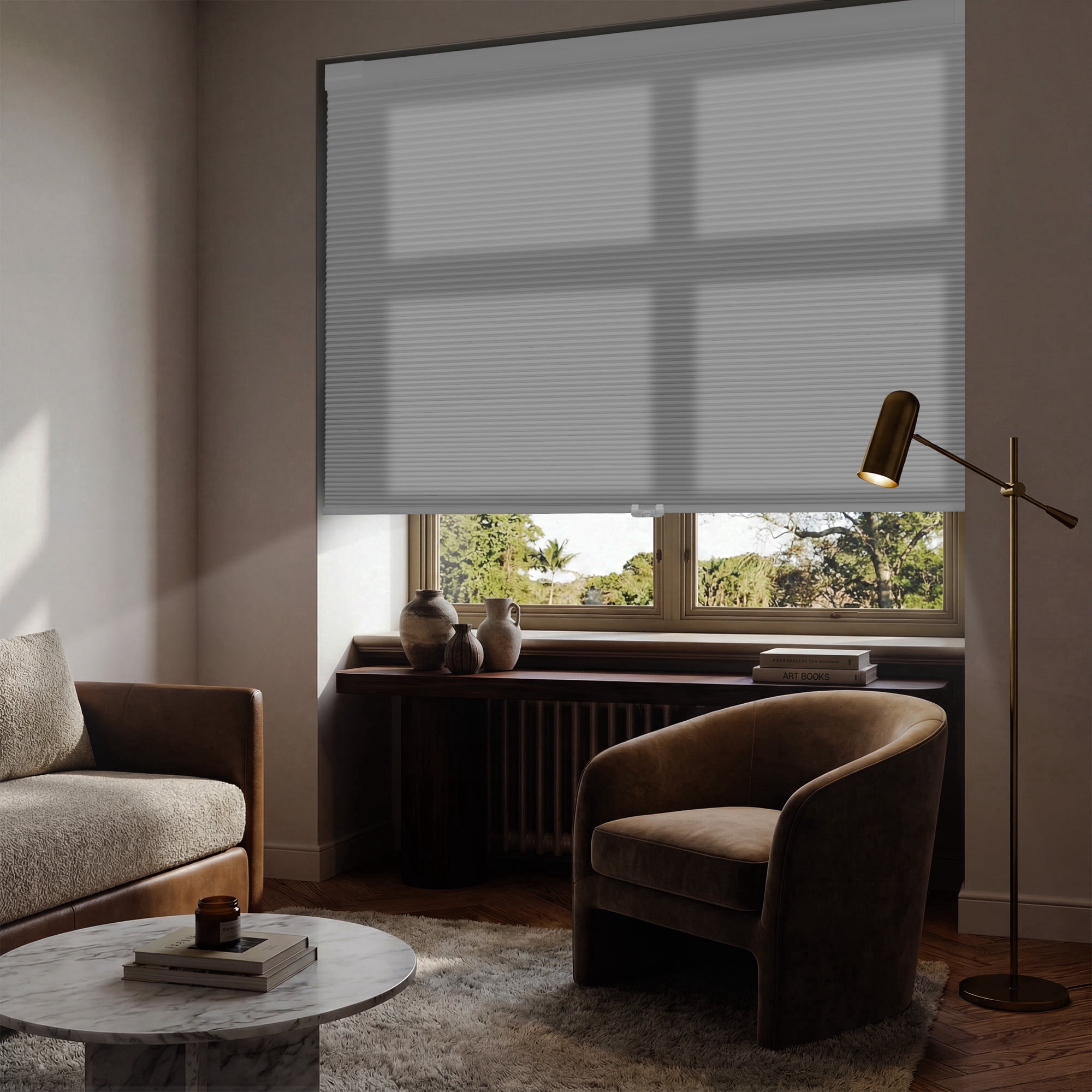 BERISSA Cordless No Drill No Tools Cellular Shades, Light Filtering Pull Down Window Blinds,Gray,38" W x 64" H