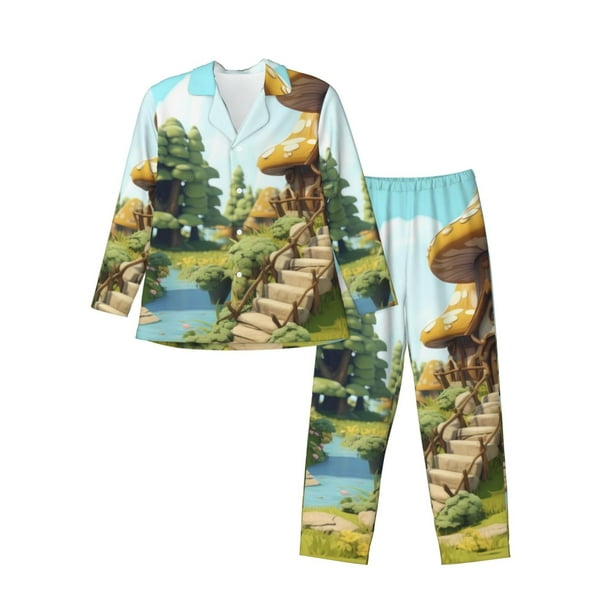 Balery Cartoon Mushroom House Pijama para Hombre de Dos Piezas con Manga Larga, Conjunto de Dormir y Descanso Suave con Bolsillos-XX-Large