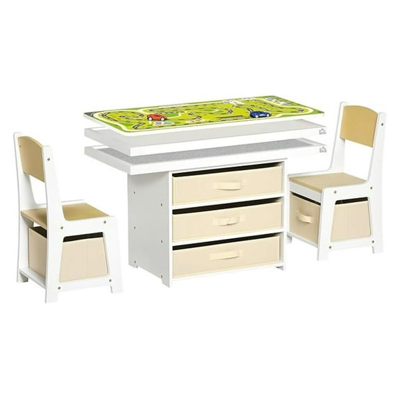 3-in-1 Kids Activity Table and Chairs Set with 3 Surfaces for Drawing, Building, Road Map with 2 Cars, Storage Baskets, Toddler Activity Table for Preschool Children