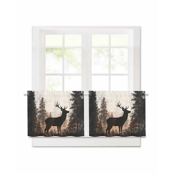 Retro Elk Short Blackout Curtains 30 Inch Long Vintage Animal Nature Forest Abstract Style Rod Pocket Kitchen Curtains, 2 Panels Thermal Insulated Room Darkening Drapes for Bedroom, 42"W x 30"L