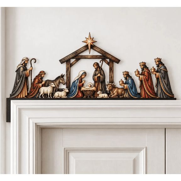 Christmas Religious Doorway Decor Nativity Scene Door Topper Wooden Holy Family Manger Scene for Home Entryway Mantel