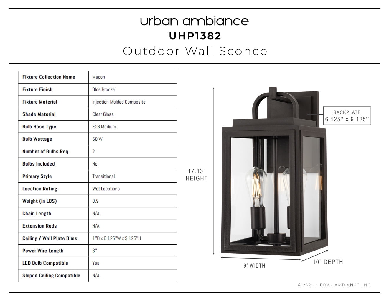 Luxury Farmhouse Wall Sconce, 17.125H x 9W, with Modern Farmhouse Style, Olde Bronze, UHP1382 by Urban Ambiance