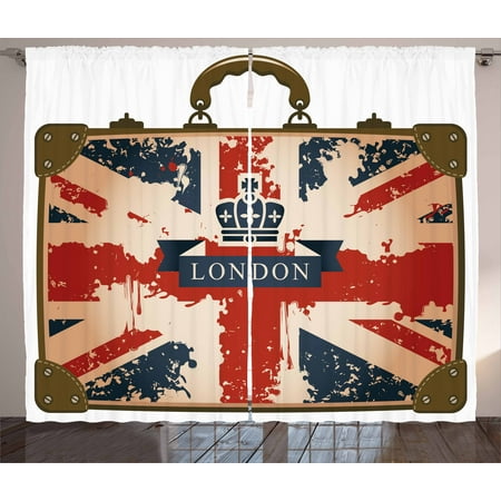 Union Jack Curtains 2 Panels Set Vintage Travel Suitcase With British Flag London Ribbon And Crown Image Window Drapes For Living Room Bedroom 108w