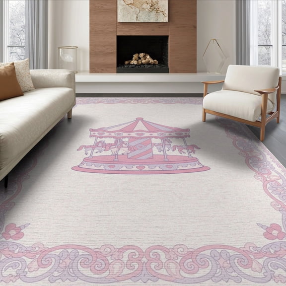 ODIKA 8'x10' Washable Area Rug Non-Shedding, Easy Care, Round Pastel Carousel Motif Interlocking Scroll Traffic Storybook for King Size Bedroom Under Bed, Master Suite