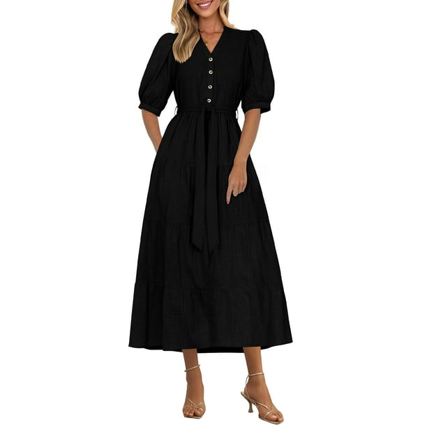 Vestido midi PRETTYGARDEN 2025 con cuello en V y manga corta con bolsillos