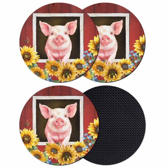 Pigs Sunflowers Coasters Set of 4, Absorbent Coasters for Drinks, Farmhouse Red Barn Flowers Animals Coaster for Desk Coffee Table Protection, Home Decor House Warming Gifts 4"