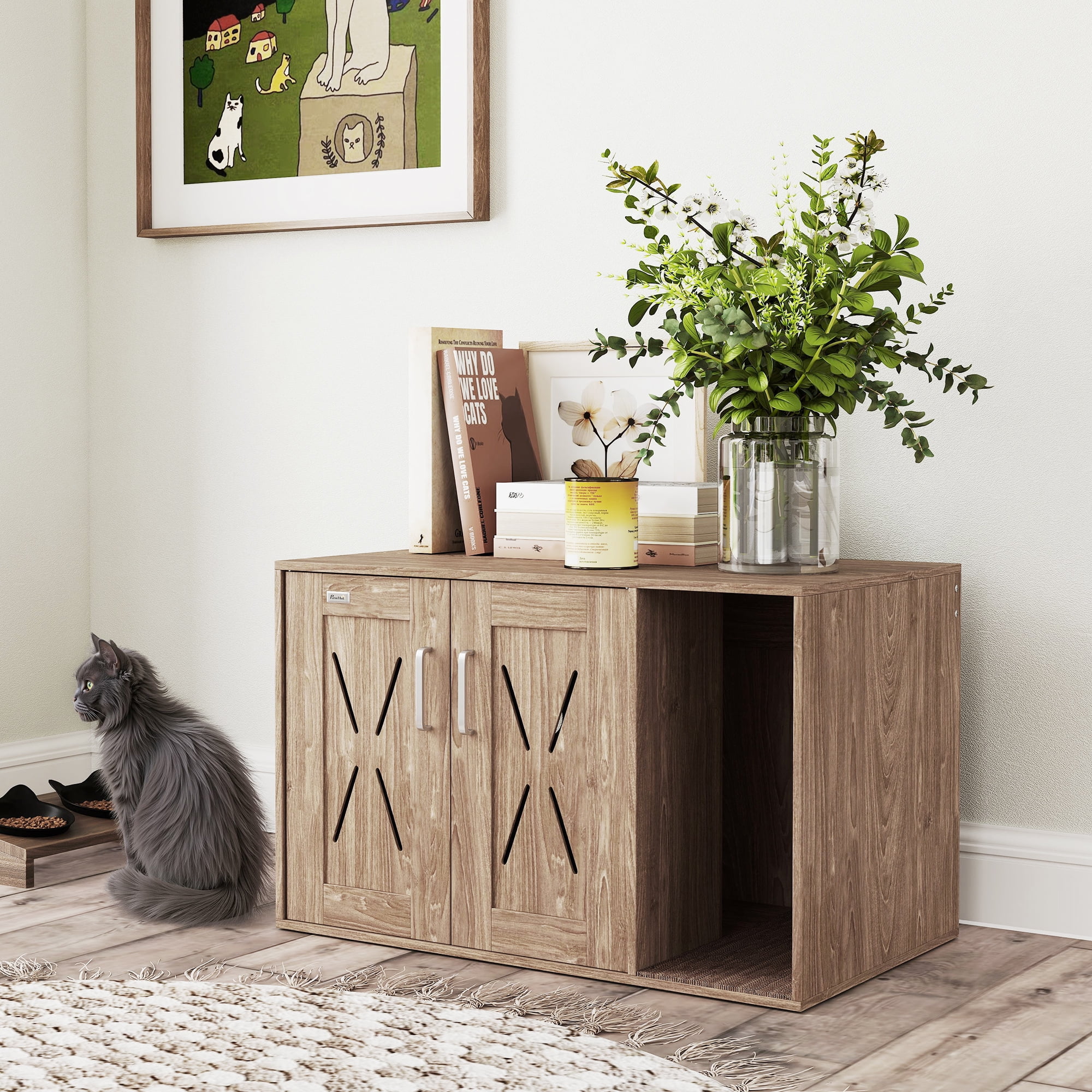 PawHut Cat Litter Box Enclosure, Hidden Litter Box Furniture with Scratching Board, Cat Washroom End Side Table, 31.5" x 19" x 20", Walnut Brown