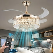 EASYG 42"Invisible Ceiling Fan Chandelier with Light,Modern Crystal Ceiling Fan Light Remote Control 4 Retractable ABS Blades