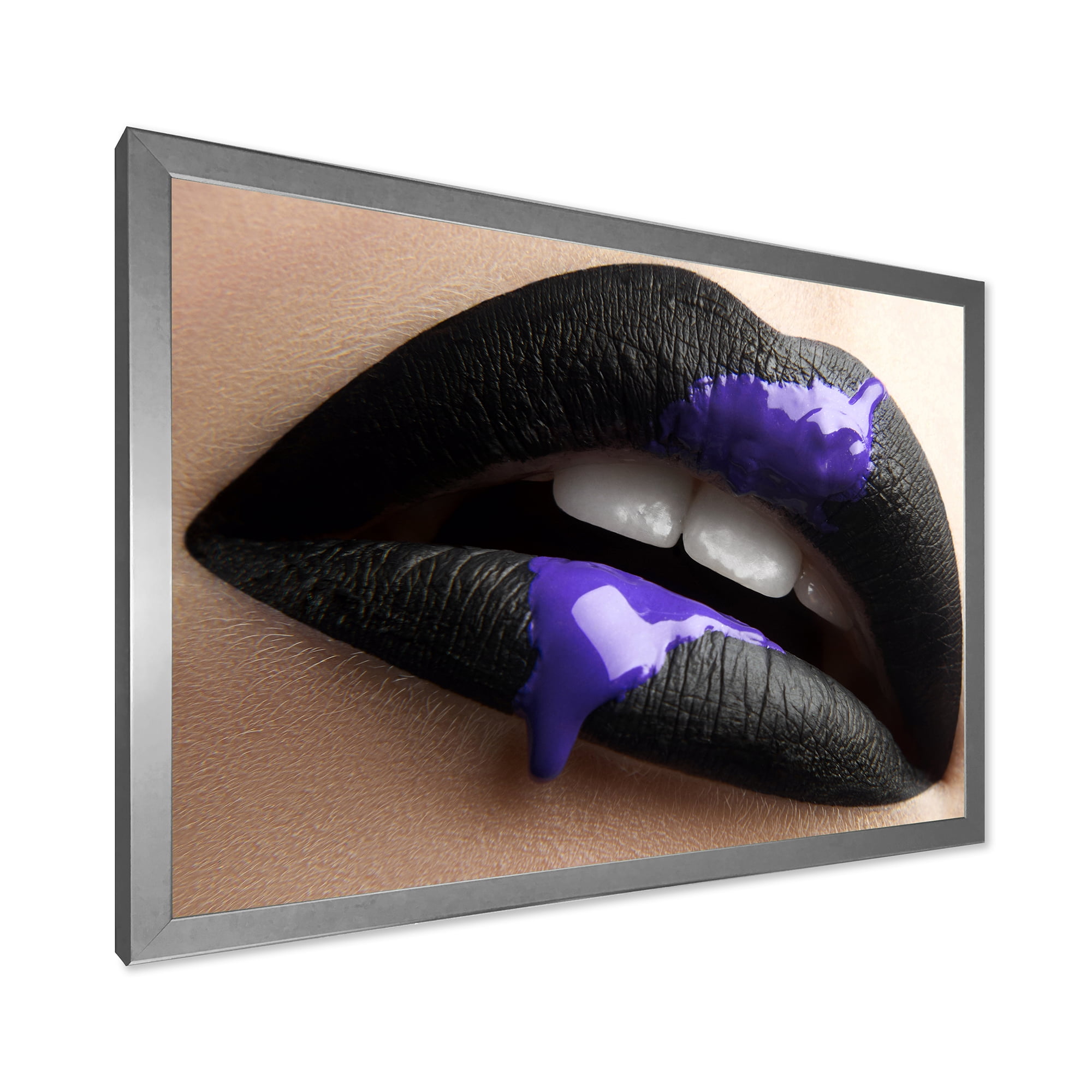 Designart 'Woman Lips With Black Lipstick & Purple Paint' Modern Framed Art Print