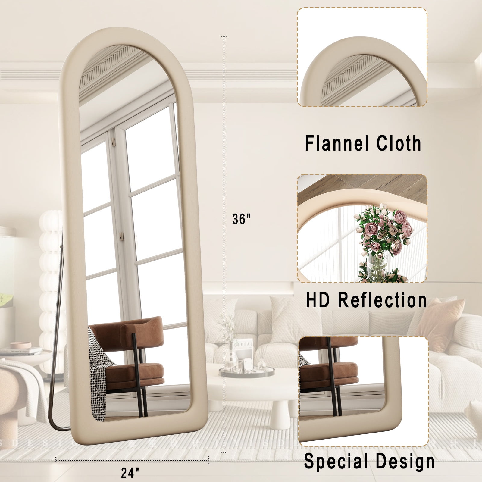 Anyrose 63"x24" Arch-Top Floor Mirror Round-Edge With Thick Flannel Frame, White