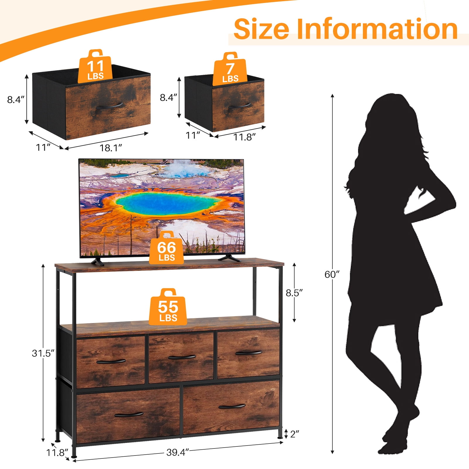 Atilioo 5 Drawer Dresser, Fabric Storage Chest with TV Stand, Open Shelf, Adjustable Feet, Bedroom or Living Room, Brown