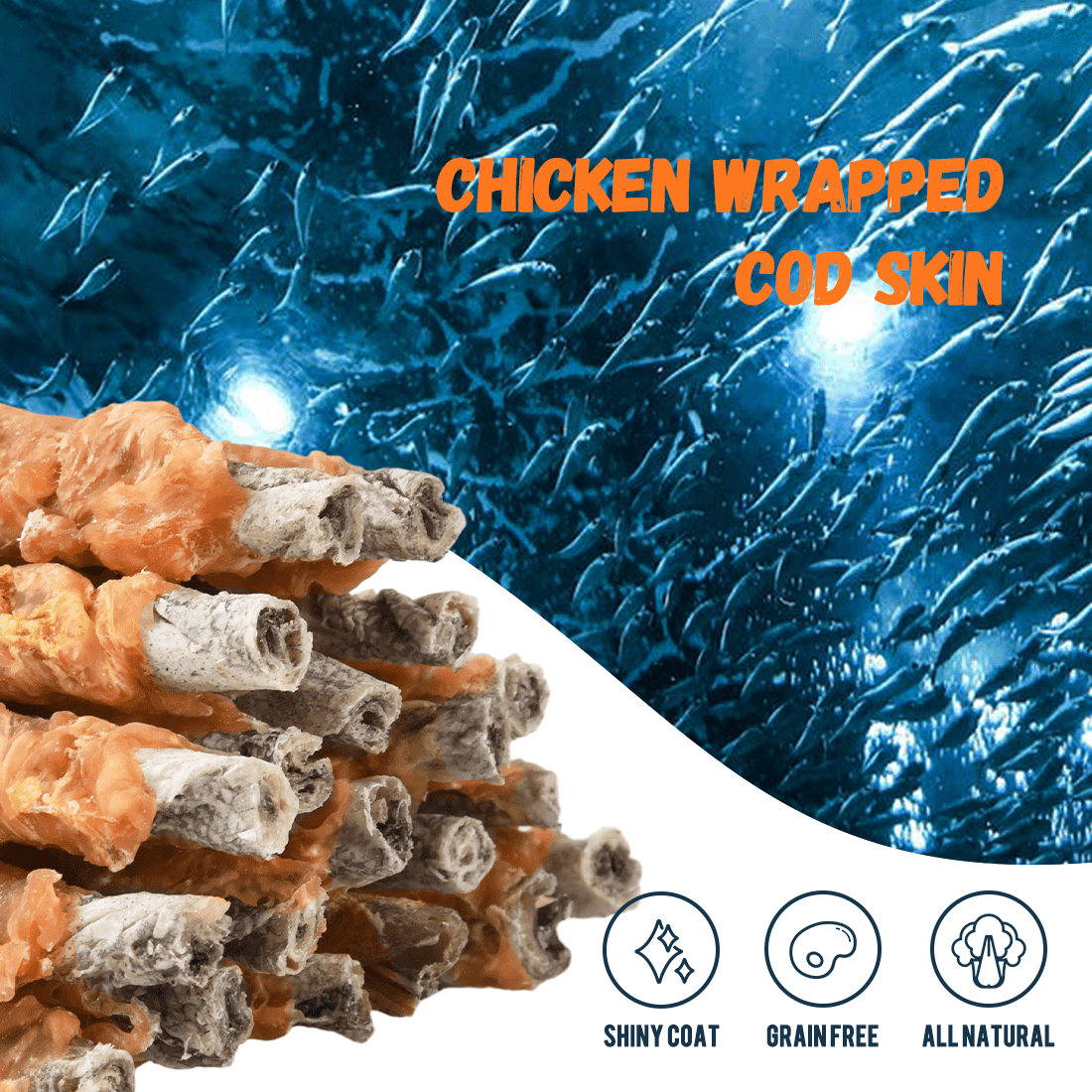 (2 pack) ASMPET Chicken Wrapped Cod Skin Dog Treats Natural Chew for Small Medium Large Dogs, 10.6oz Pouch