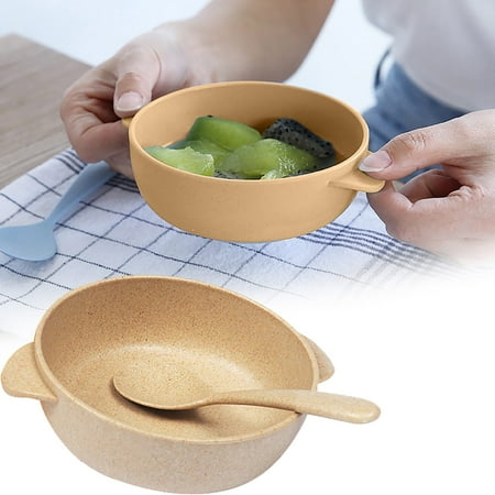 

AQITTI Household Goods 2Pcs/Set Baby Feeding Food Wheats Handled Bowl Spoon Training Tableware Home Decoration Household Tool