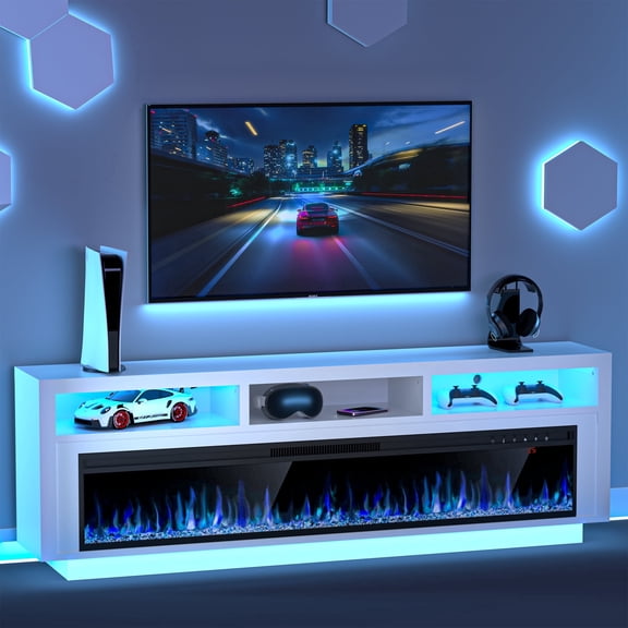 HARIPUL 58'' Fireplace TV Stand w/ LED Light & Storage Cabinet, Electric Fireplace for TVs up to 65 inches, White