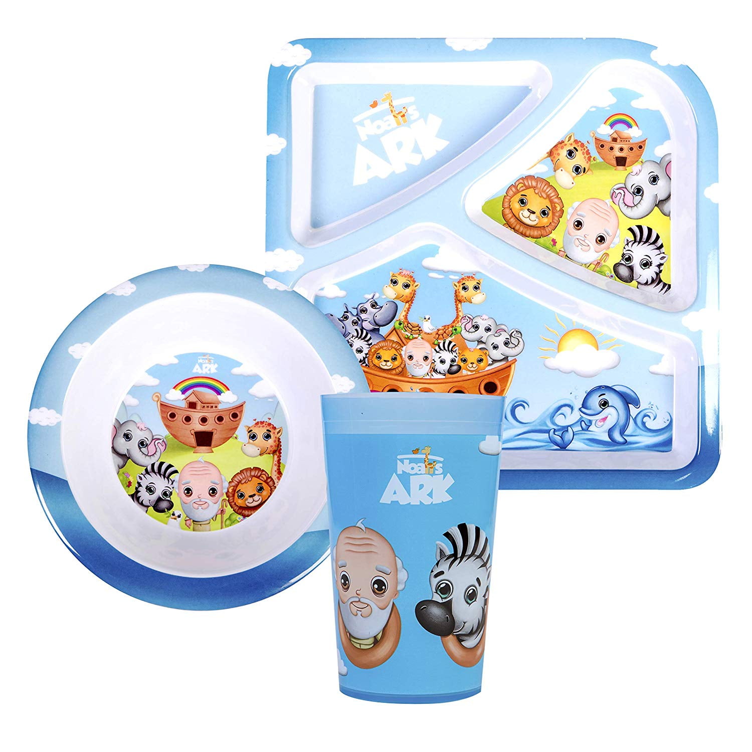He Loves Me Kids Feeding Noah's Ark 3 Piece Set Toddler Dishes Multicolor, BPA Free, Kids Dinnerware Includes Round Bowl, Divided Plate and Children’s Tumbler Cup Gift for Birthdays & Graduations