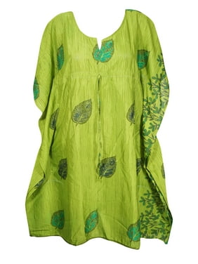 Mogul Women Green Mid Calf Kaftan Dress Beach Coverup Leaf Print Resortwear Loose Holiday Recycle Sari Caftan Dresses 3X