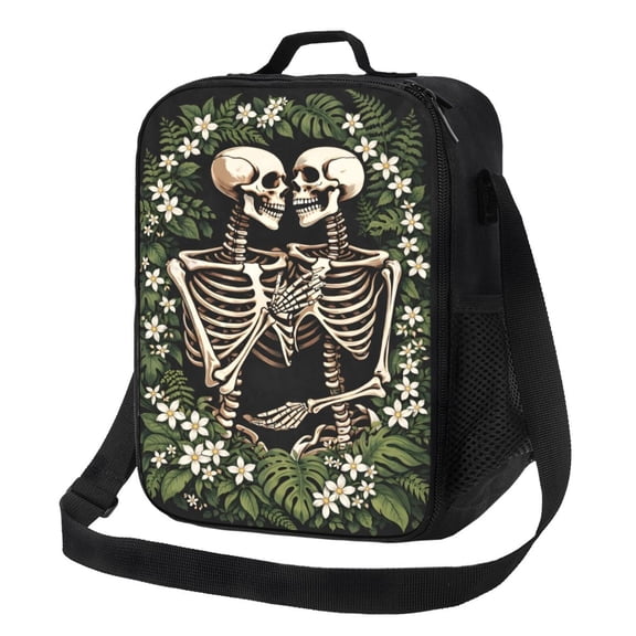 Halloween Gothic Skeleton Lovers Lunch Bag Insulated Thermal Box with Shoulder Strap & Handle for Work and Picnic