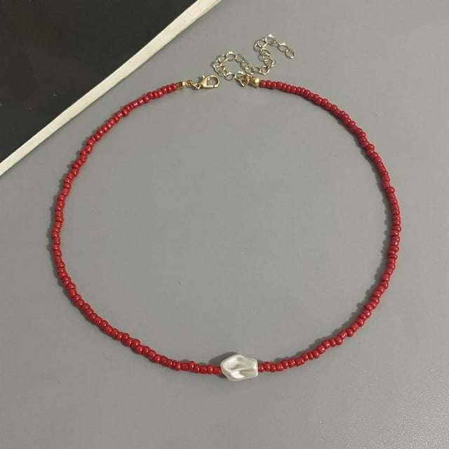 Collier de Perles Boho Mode Femme Imitation Perle Perle de Rocaille Brin Court Collier Ras-du-Cou Fait Main Bijoux Femme Gros