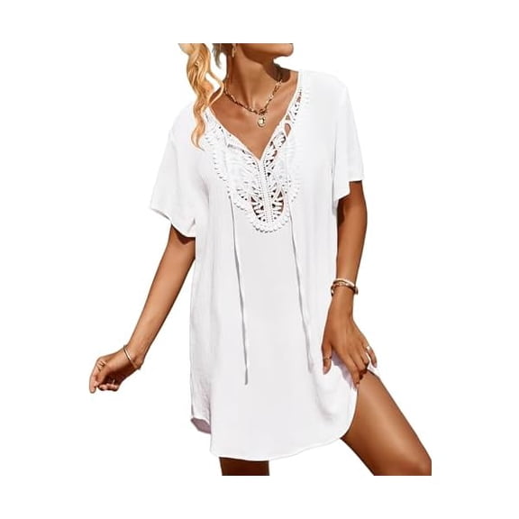 Womens Swimsuit Coverup Lace Crochet V Neck Bathing Suit Cover Up Dress Beach Cover Ups for Swimwear
