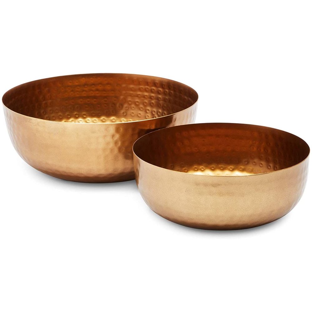 Set of 2 Metal Hammered Copper Bowls, Serving Dishes for Kitchen Accessories, Gold, 2 Sizes
