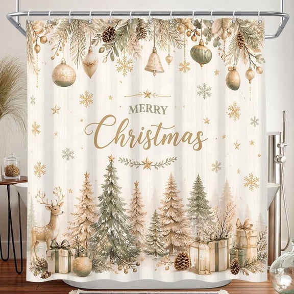 Christmas Shower Curtain Neutral Pine Trees And Reindeer Holiday Bath Curtain With Hooks Waterproof Fabric 71x71 inches