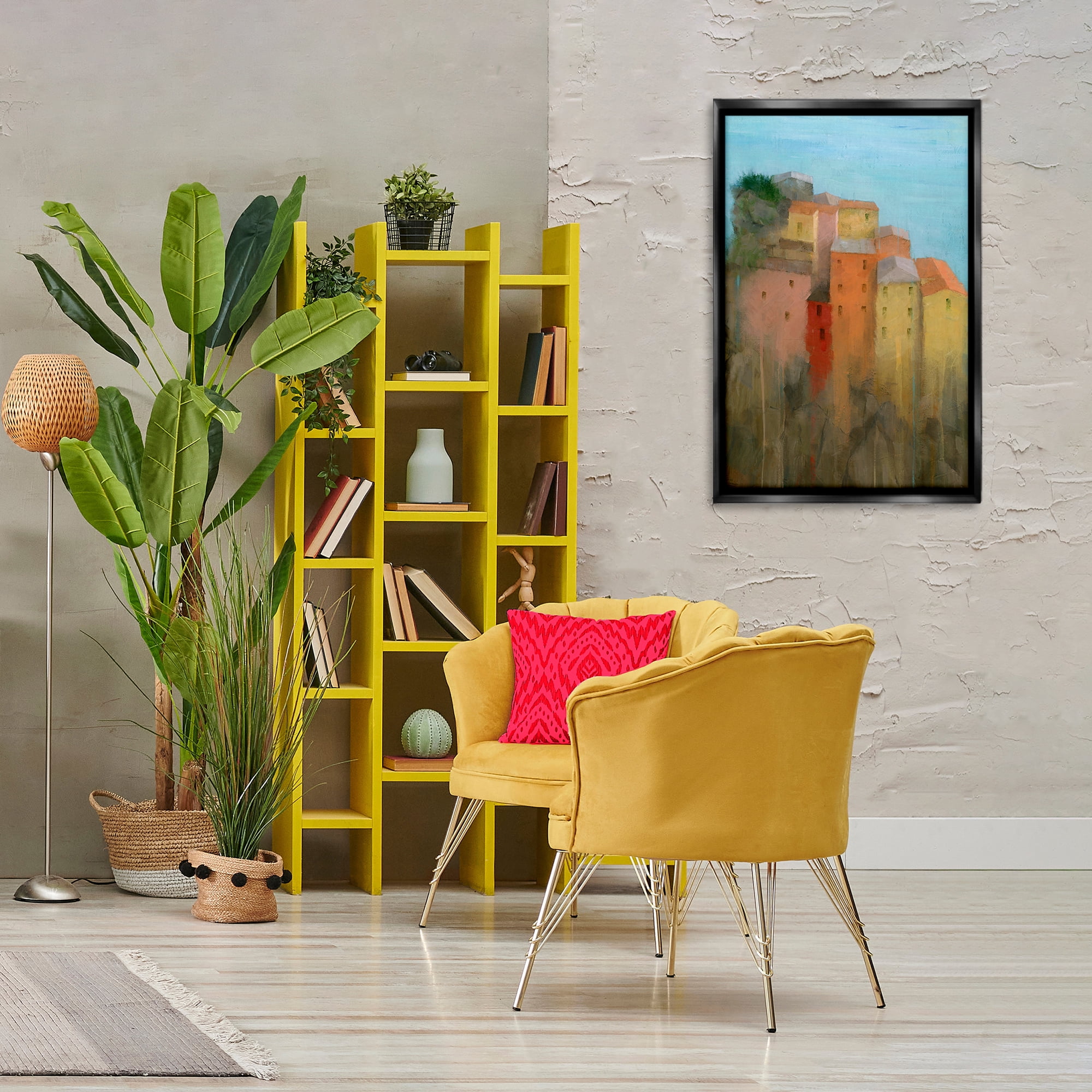 Stupell Industries Tall Seaside Architecture Buildings & Architecture Painting Black Floater Framed Canvas Art Print Wall Art, 21 x 31