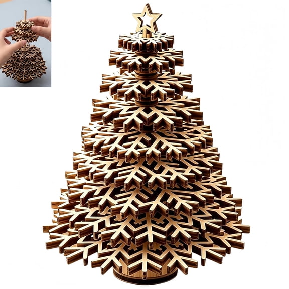 Wooden 3D Snowflake Tabletop Christmas Tree, Layered Puzzle Holiday Decor, DIY Paintable Rustic Wooden Ornament, Compact Mini Xmas Craft Gift for Desk, Shelf, Mantel, Office & Home