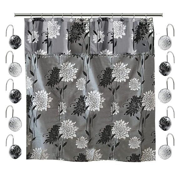 Zahari Home 13pc Erica Bathroom Fabric Shower Curtain Sets Bathroom Shower Curtain & 12 Shower Bathroom Hooks Modern Classic Luxury Contemporary Decor Grey Shower Curtain Stylish Bath Sets