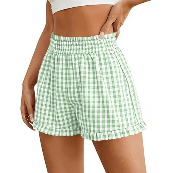 LOVZFMLL Summer Shorts for Women Comfy Gingham Plaid Shorts Beach Bottoms with Pockets Casual Ruffle Hem Lounge Sleep Shorts Green XXL