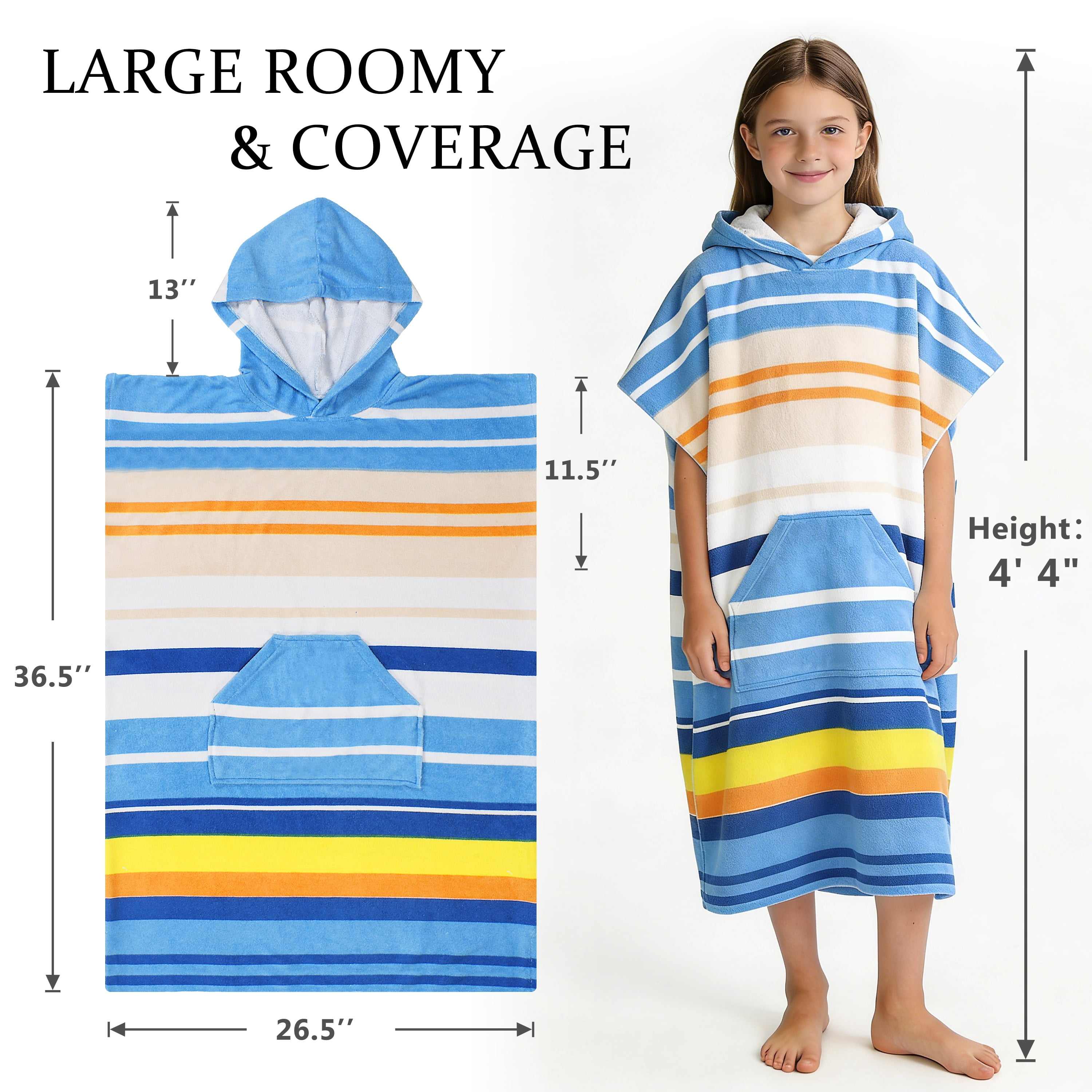Catalonia Kids Hooded Poncho Towel, 100% Cotton Absorbent Changing Robe for the Beach, Pool, and Bath, Cute Gifts for Childrens (Boys and Girls), Blue Stripe