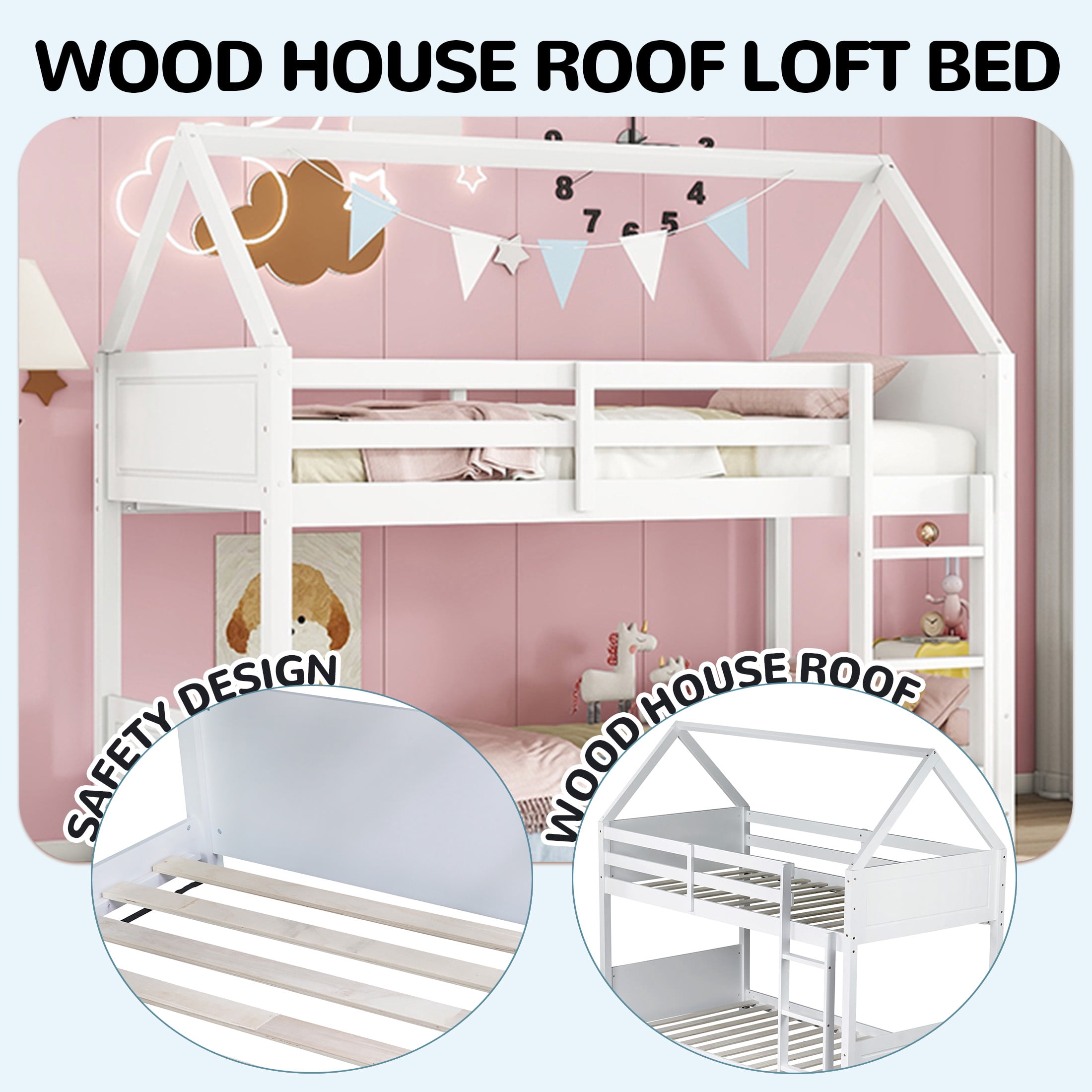 Aukfa Heavy Duty Junior House Bunk Bed with Full-Length Guardrail, Twin Over Twin Bunk Bed Frame, White