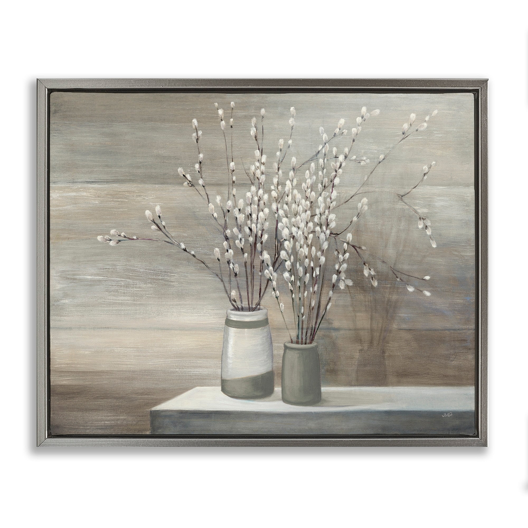 Stupell Industries Pussy Willow Still Life Luster Gray Framed Floating Canvas Wall Art, 16x20, by Wild Apple Portfolio