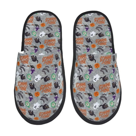 

Fuzoiu Happy Halloween Print Unisex Furry Slippers Plush Indoor Shoes Trendy House Slippers Anti-Skid EVA Sole House Shoes for Home Office and Travel -Medium