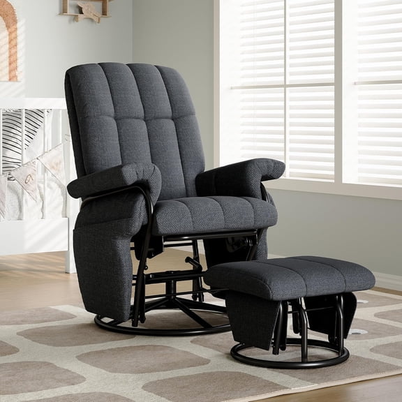 LAZZO Swivel Recliner Chair with Ottoman, 360° Swivel Glider with Side Pockets, Comfy Lounge Chair for Living Room and Office, Gray