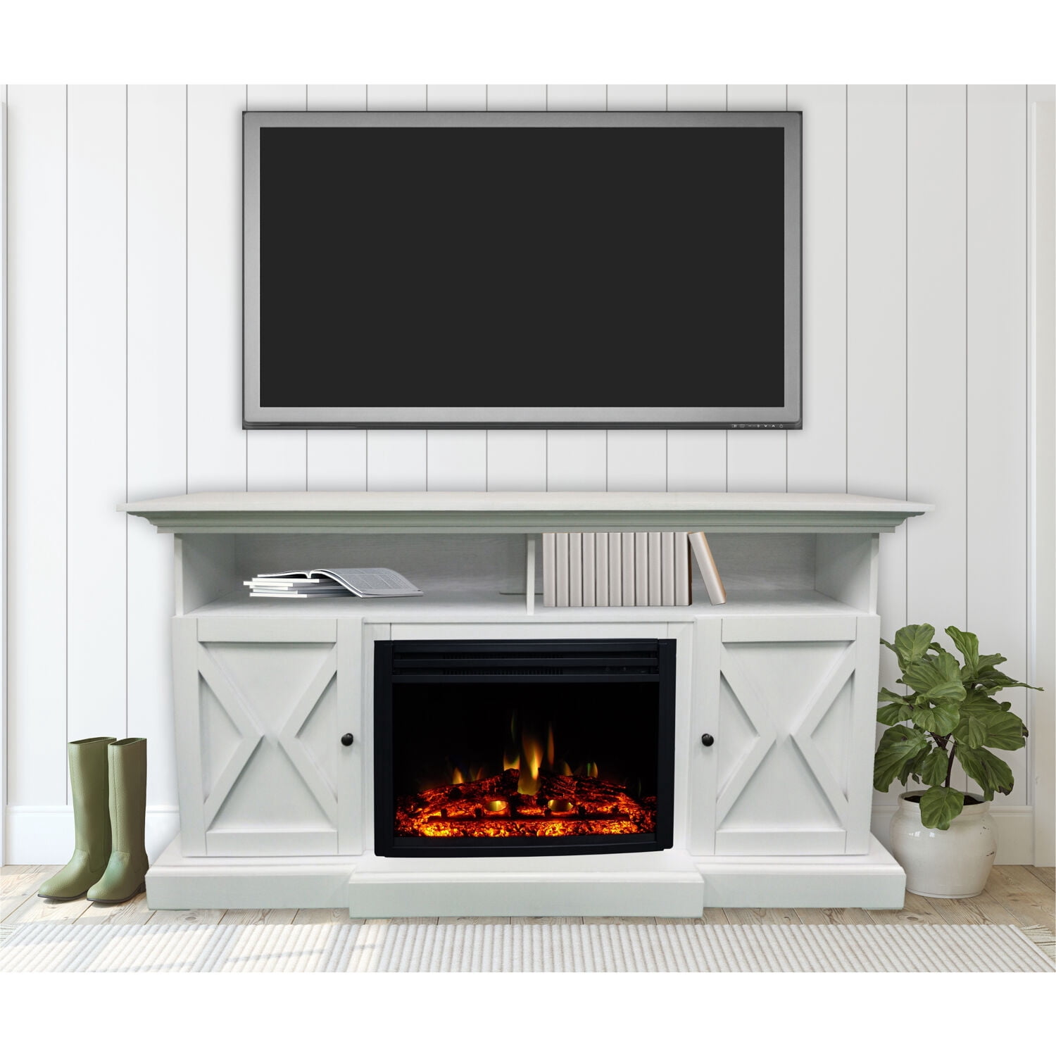 Cambridge 62-in. Summit Farmhouse Style Electric Fireplace Mantel with Deep Log Insert, White